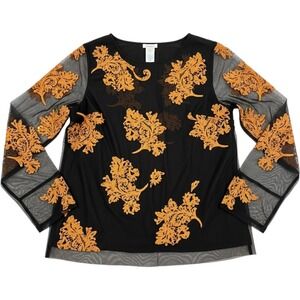 Sundance Black Mesh Blouse XS Burnt Orange Embroidered Floral Sheer Sleeve